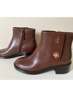 Tory Burch Cocoa Brown T-Lock Goat Leather Ankle Boots 35mm